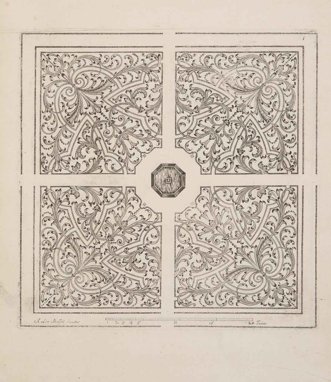 花坛设计，来自 Theatre des Plans et Jardinages，pub. 1652（雕刻） 作者 安德烈·莫莱特（AndréMollet）