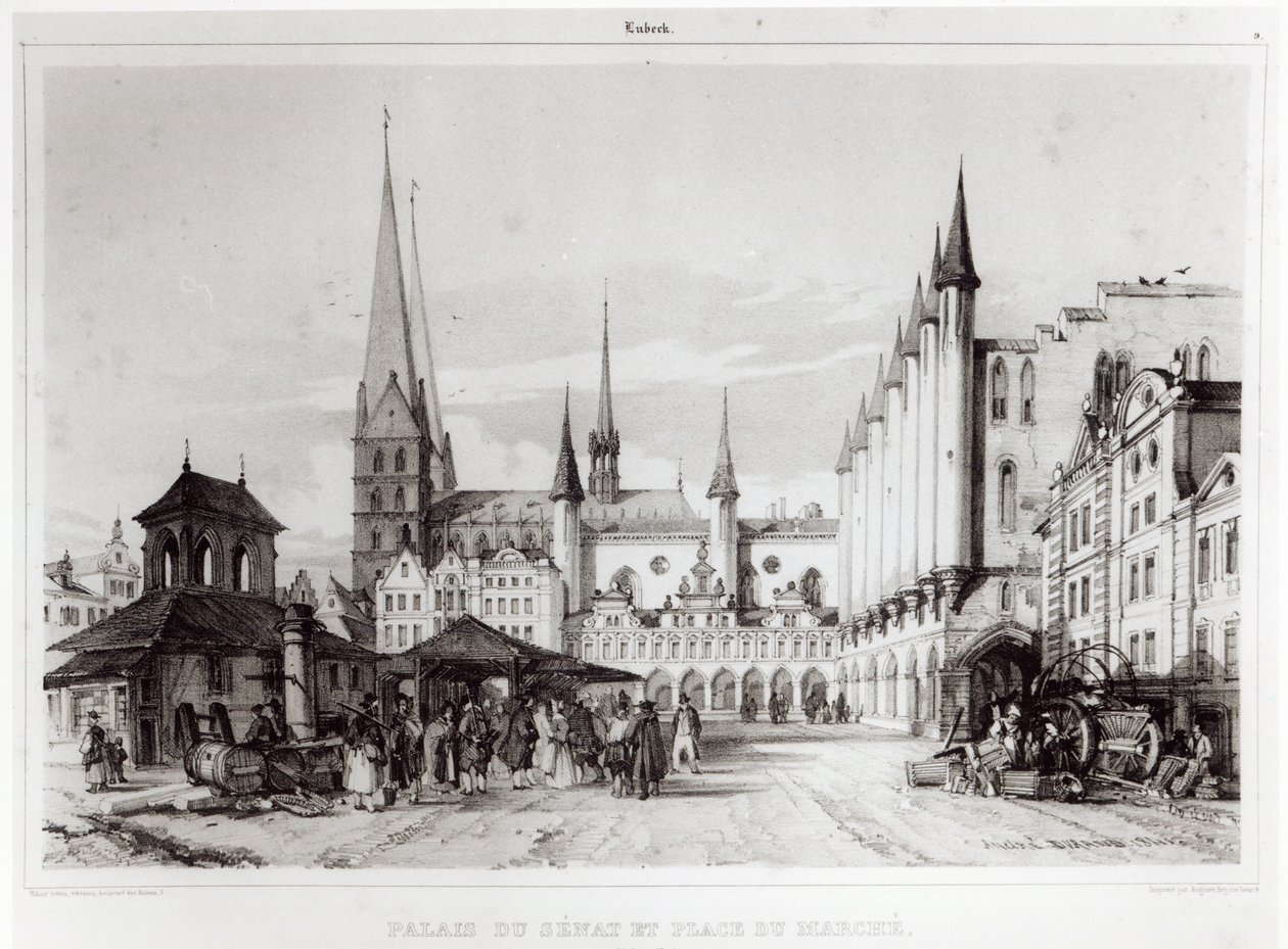 吕贝克的参议院和市场，1839年“Voyage pittoresque en Russie”的插图 作者 安德烈·杜兰德
