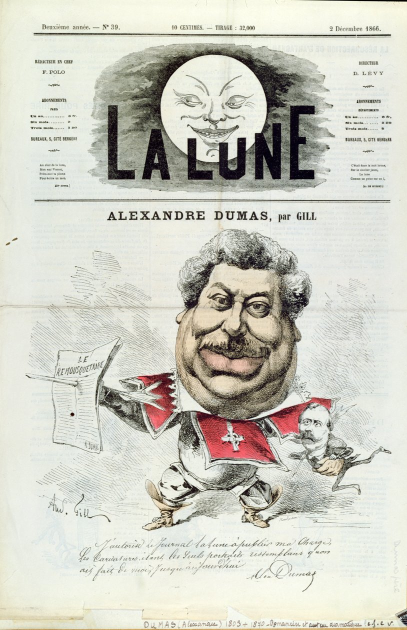 Alexandre Dumas pere（1803-70）作为火枪手的漫画，来自&39;La Lune&39;杂志的封面，1866年12月2日 作者 安德鲁·吉尔