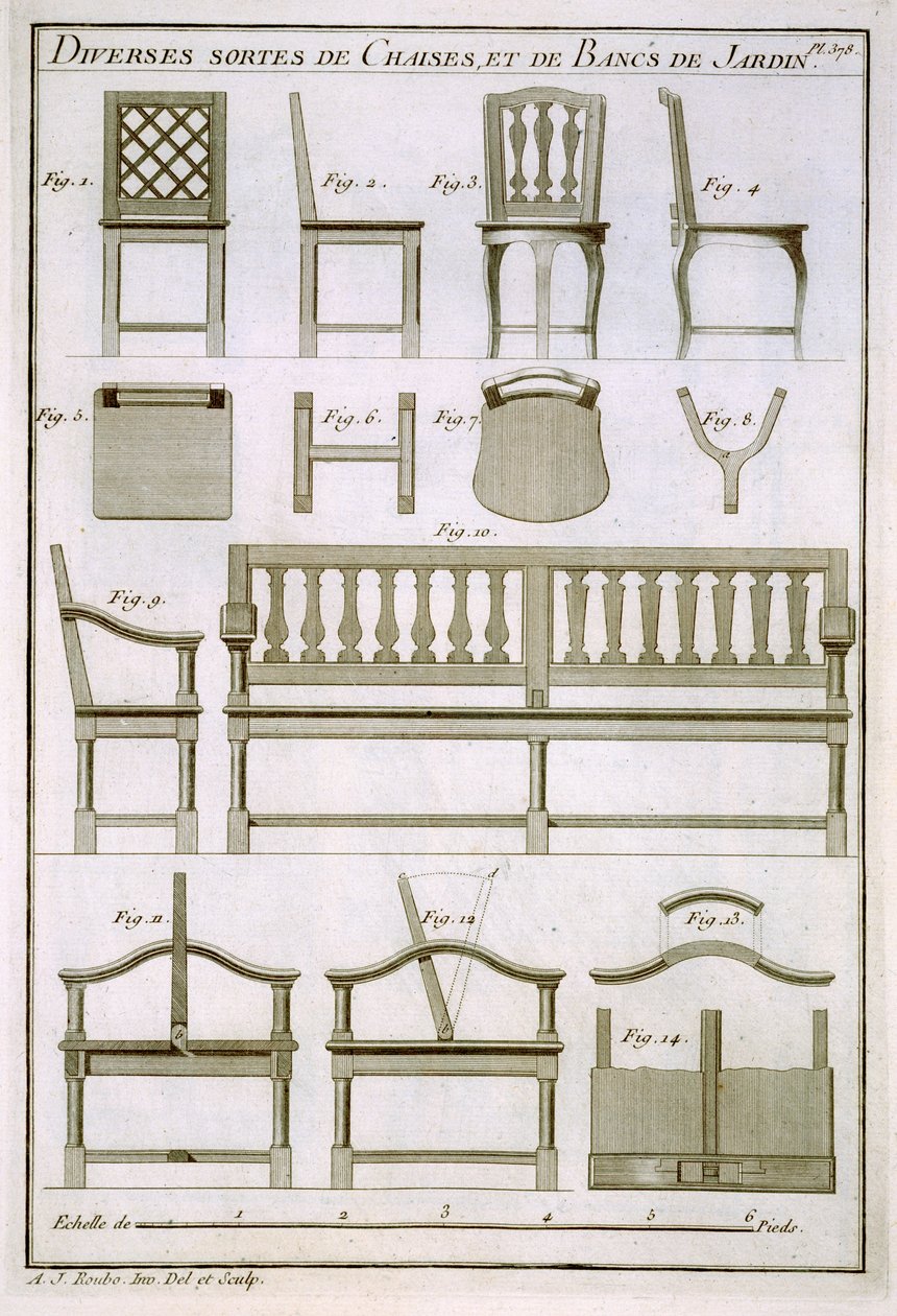 用于花园的木椅和长凳的设计，来自LArt du Menuisier，酒吧。 1769年至1774年 作者 安德烈·雅各布·鲁博