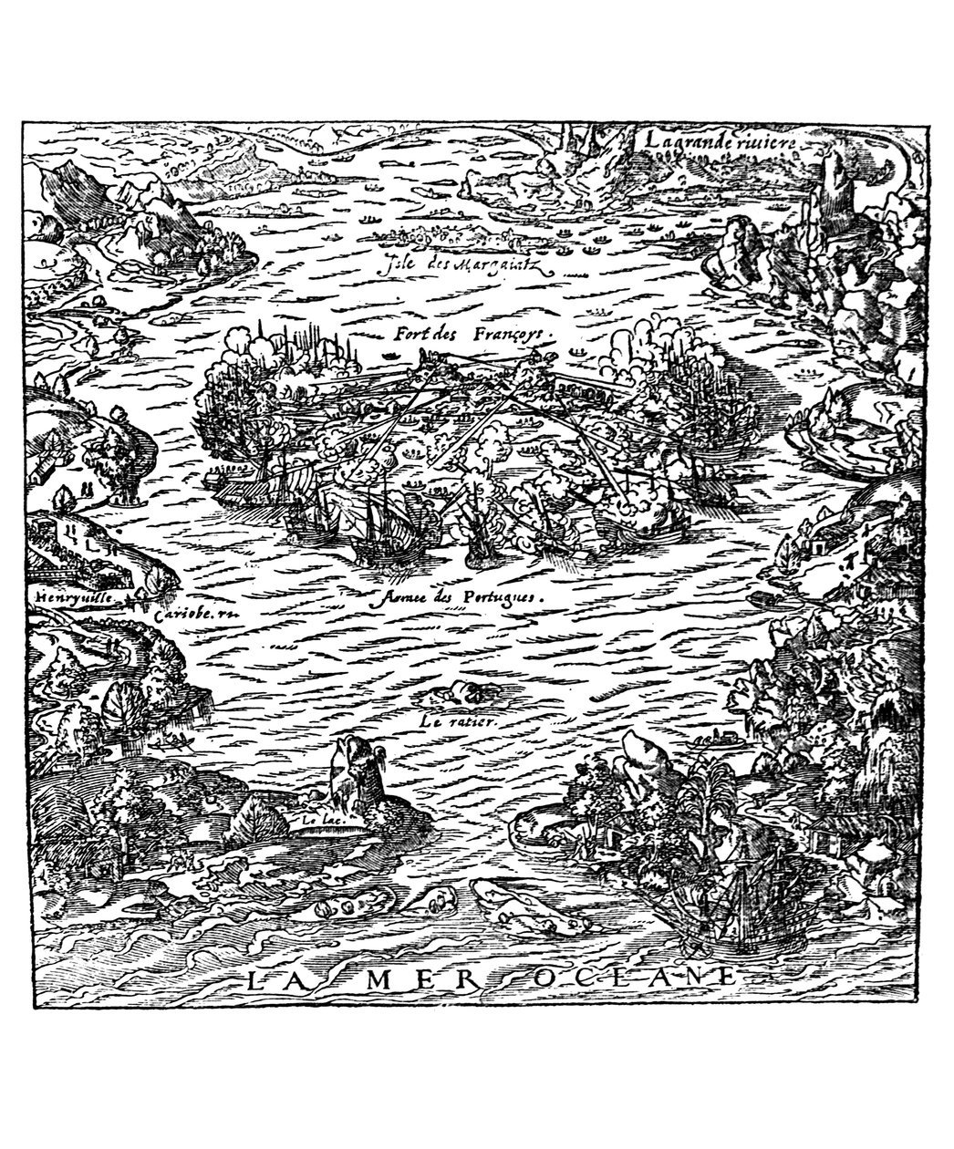 从安德鲁·威特（Andre Thevet）的“La Cosmographie universelle”获取维勒加农堡（Fort of Villegagnon），第1560页 作者 安德烈·塞维特（Andre Thevet）