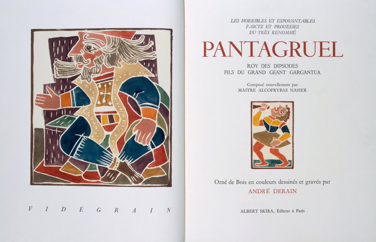 Les horribles et espouvantables faictz et prouesses du tres renomme Pantagruel, Roy des Dipsodes, fils du grand geant Gargantua 的扉页。作者弗朗索瓦-拉伯雷（Francois Rabelais，约 1494-1553 年），1943 年（木刻）。 作者 安德烈·德雷恩