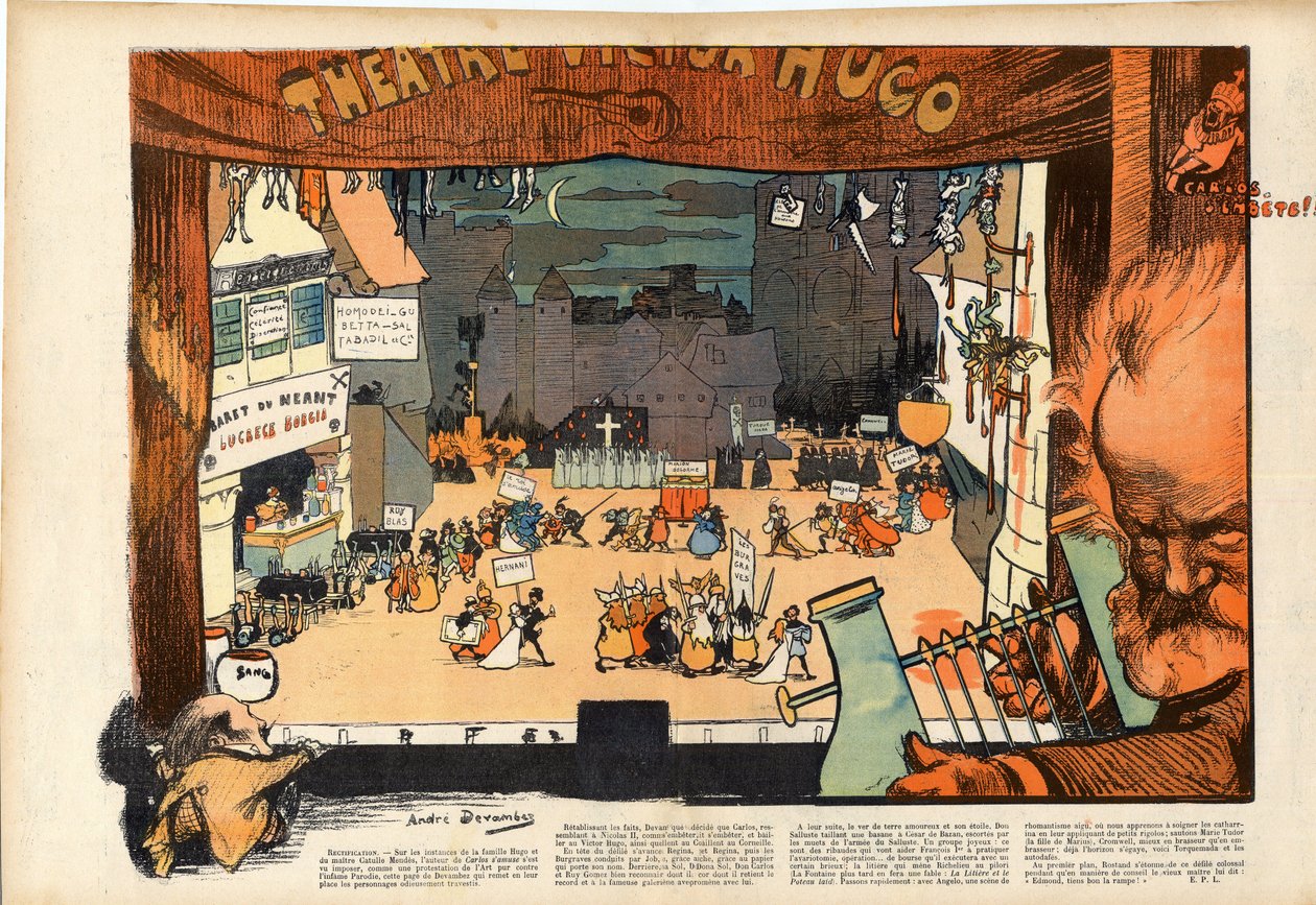 Theatre by Victor Hugo by Andre Devambez (1867-1944) caricature in “” Le rire””” of 1902 作者 安德烈·德文贝兹（Andre Devambez）