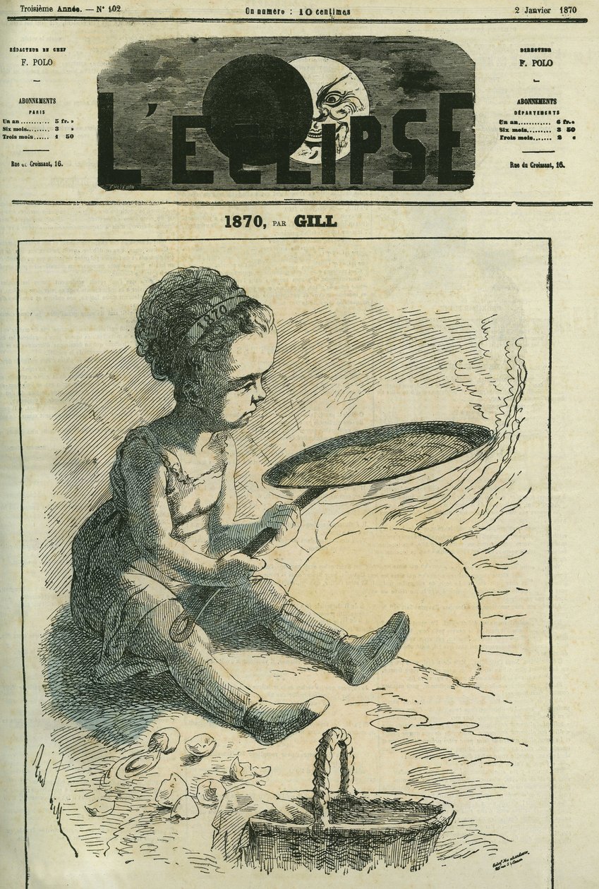 1870 年，社交美食：一个小女孩在被太阳加热的炉子里做可丽饼。 Gill 的“L