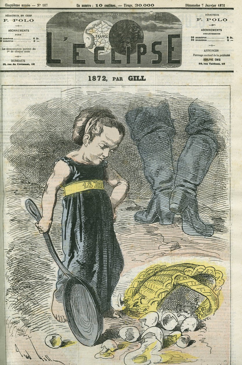 1872年，一个小女孩看着她的篮子里的裂缝。1月7日，吉尔的《日食》杂志封面 作者 安德鲁·吉尔