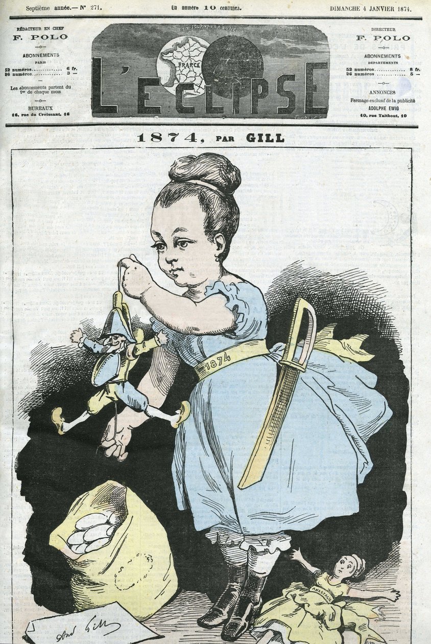 1874 年：一个女人操纵一个木偶。 Gill 的“L
