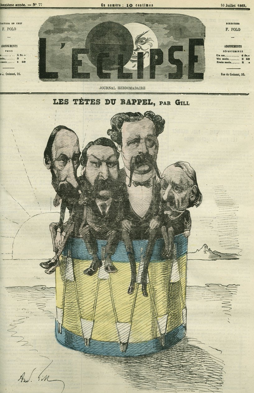 Auguste Vacquerie (1819-1895)、Victor Hugo (1802-1885)、Charles Hugo (1826-1871) 和 Paul Meurice (1818-1905)，法国文人。 Gill 的“L