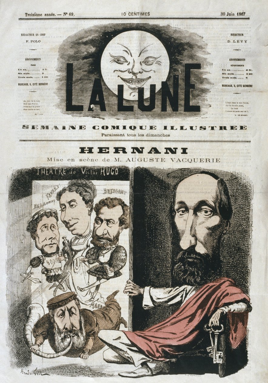 由维克多雨果写的“Hernani”的漫画，由Auguste Vacquerie执导，1867年6月30日“La Lune”封面插图 作者 安德鲁·吉尔