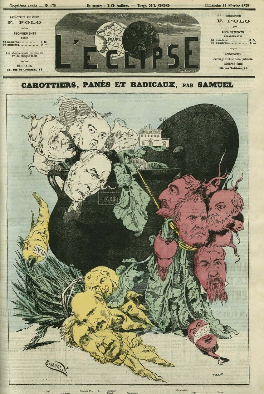 Carrots, panes and radicals, the different political parties in vegetables in the pot of power. Drawing replacing the cartoon of Gill, censuree. Cover in “” L