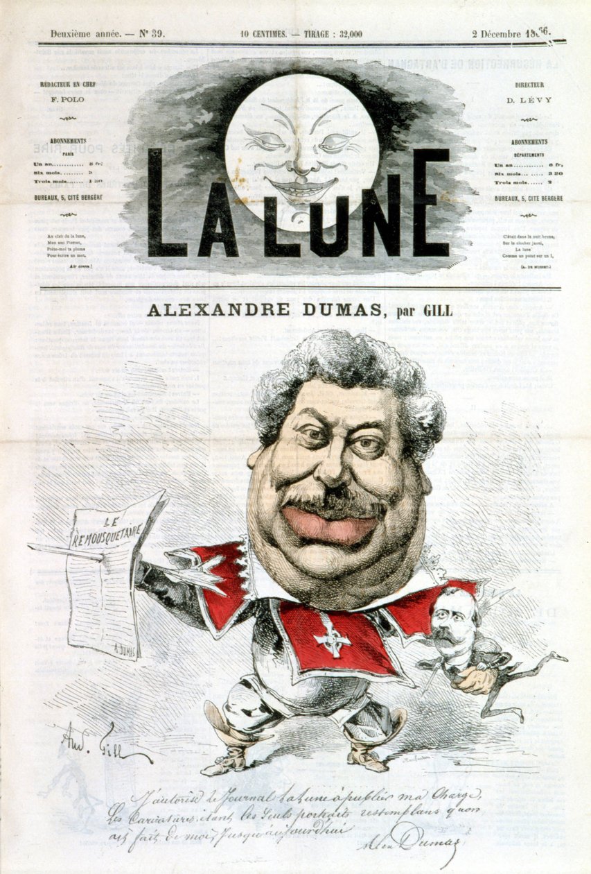 大仲马的漫画和亲笔签名--由吉尔在1866年12月2日的 "La Lune "杂志上发表。 作者 安德鲁·吉尔