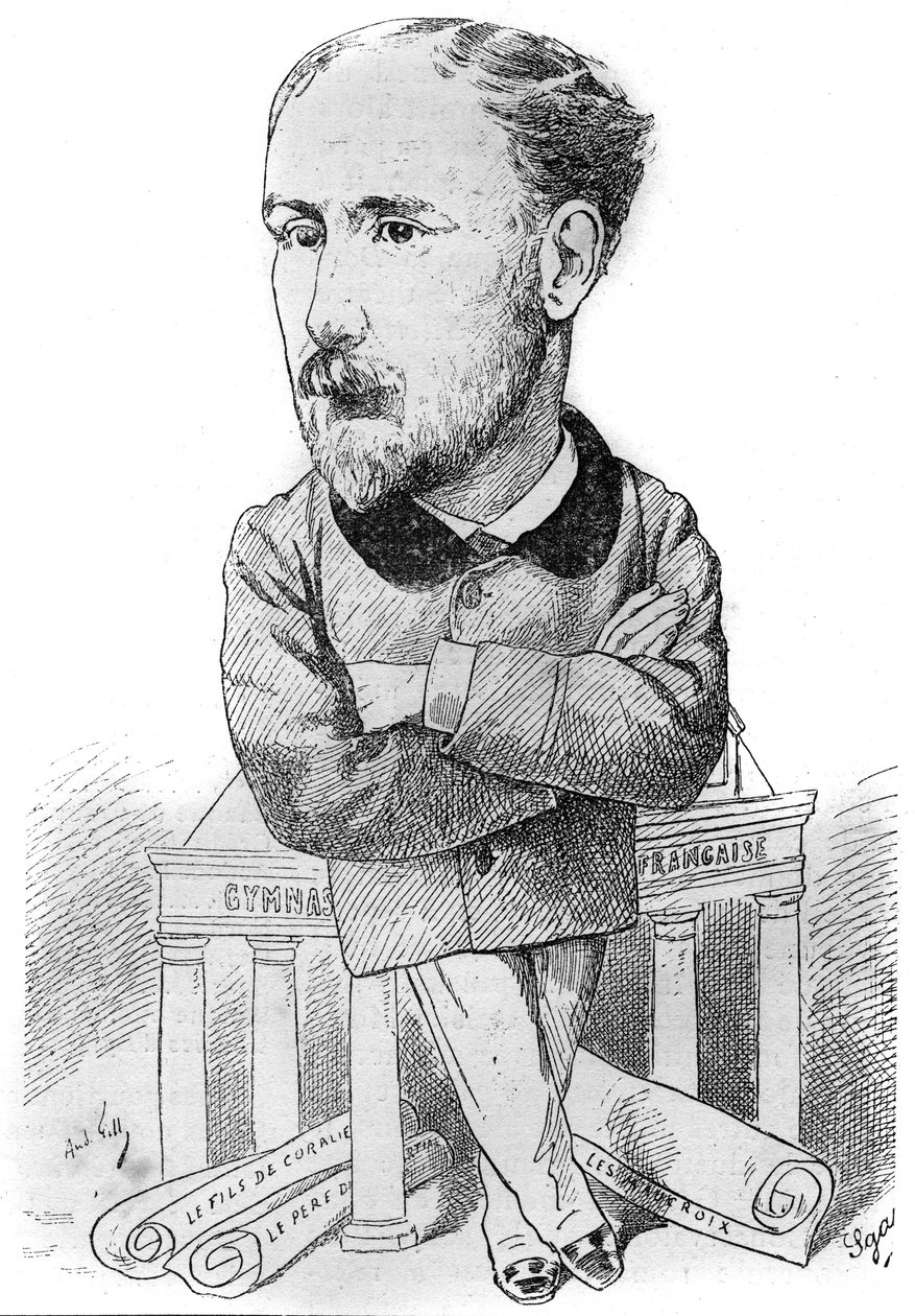 法国小说家阿尔伯特-德尔皮特（1849-1893）的漫画。绘画：安德烈-吉尔。雕刻于 "世界插图"。 作者 安德鲁·吉尔