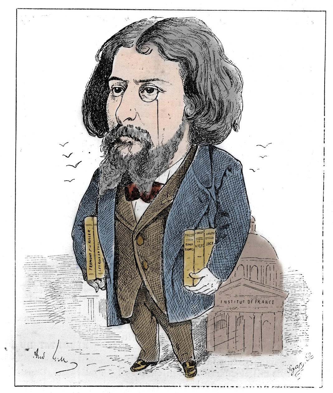 法国作家阿尔方斯-多德（Alphonse Daudet，1840-1897）的漫画，在巴黎法兰西学院前，他与他的书和他的单片眼镜一起出现。由安德烈-吉尔绘制。雕刻在 "世界插图 "中。 作者 安德鲁·吉尔