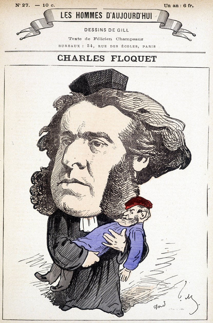 查尔斯-弗洛凯（Charles Floquet）（1828-1896）的漫画，他是1888年至1889年间的律师和议会主席。他在一次决斗中打伤了布兰格将军，他与布兰格将军的思想作斗争。吉尔的画作 在 "今日之人 "中。 作者 安德鲁·吉尔