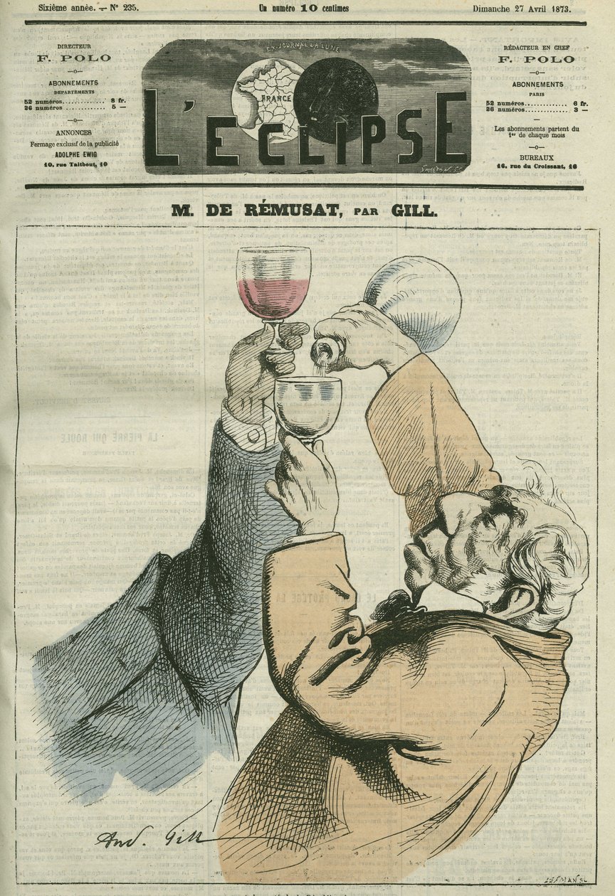 法国哲学家和政治家查尔斯-德-雷穆萨（1797-1875）的漫画。4月27日，吉尔的《日食》杂志封面 作者 安德鲁·吉尔