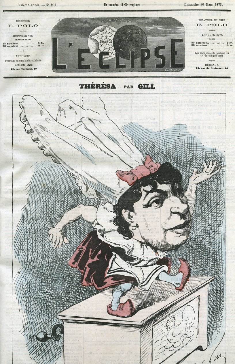 艾玛-瓦伦东的漫画，名为特丽莎（1837-1913），法国流行歌手。3月30日吉尔的 "L