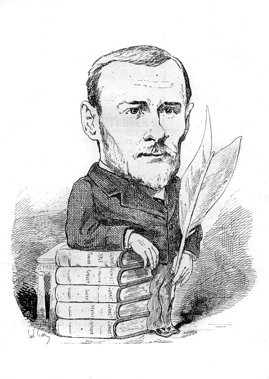 Georges Ohnet (1848-1918)的漫画，他是一位法国作家，代表他的书和笔。绘画：安德烈-吉尔。雕刻在 "世界插图 "中 作者 安德鲁·吉尔