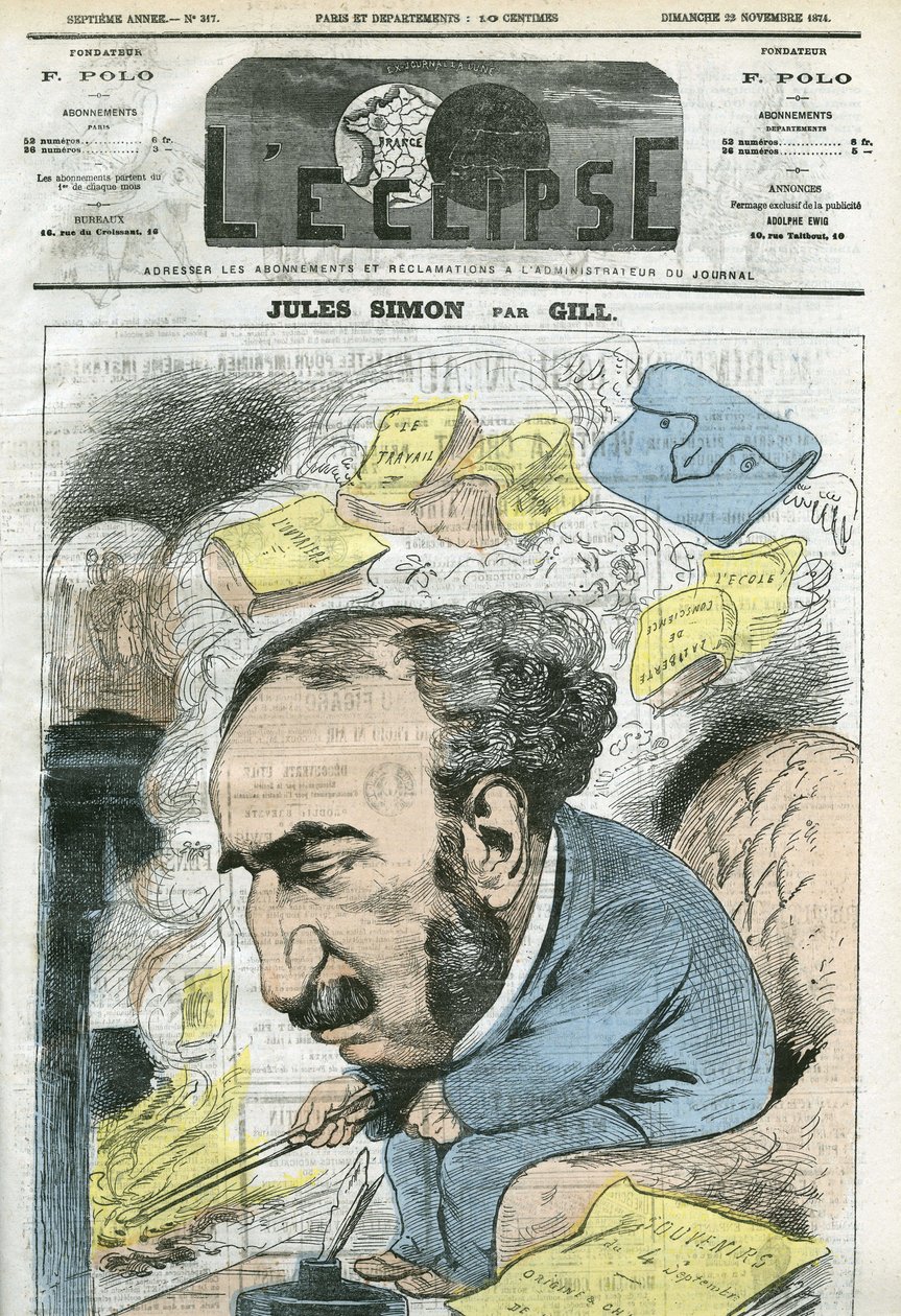 Cartoon by Jules Simon (1814-1896), politician, historian of philosophy, philosopher, French essayist. Cover in “” L