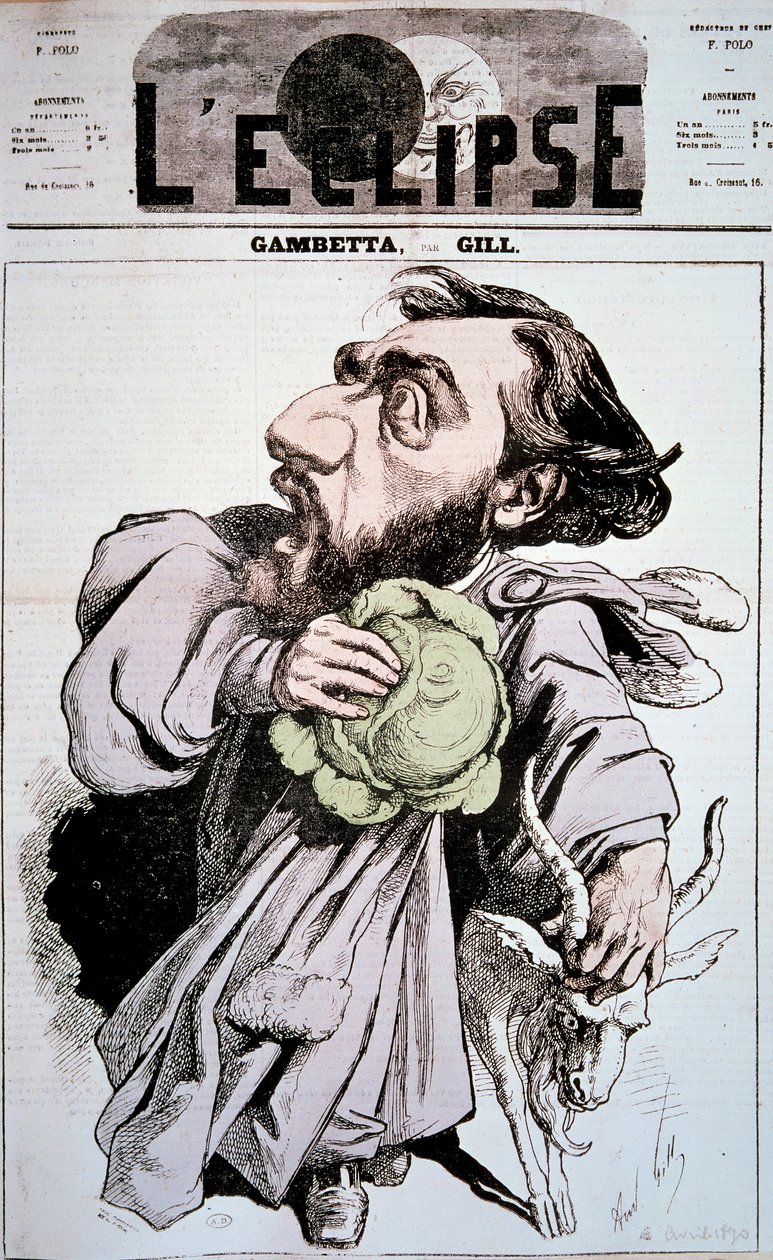 描绘法国政治家莱昂·甘贝塔（Leon Gambetta，1838-1882 年）的卡通片。 安德烈·吉尔 (1840-1885) 在“L