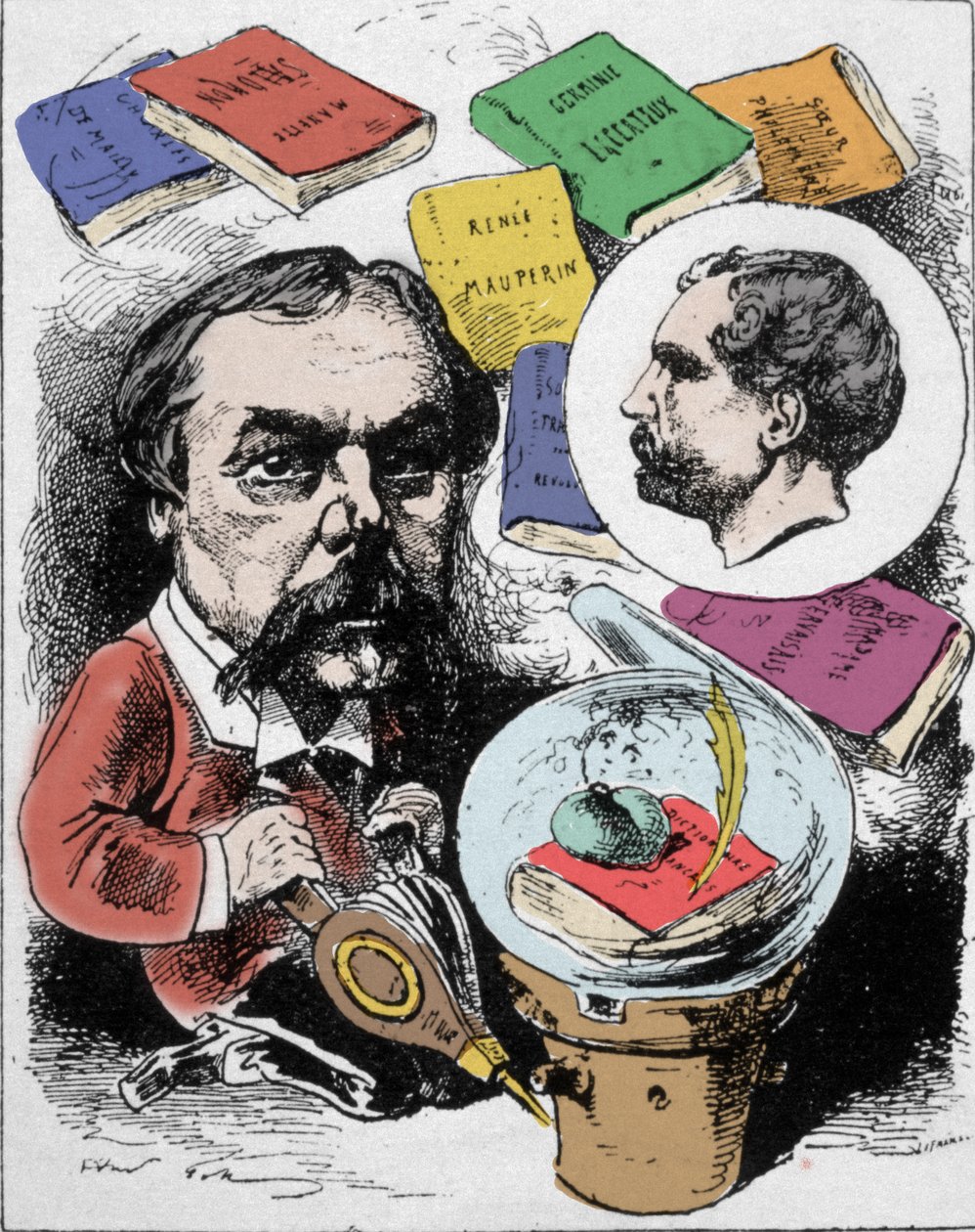 描绘法国作家埃德蒙·德·贡古 (Edmond de Goncourt)（1822-1896 年）的卡通片。 吉尔的绘画发表于“L