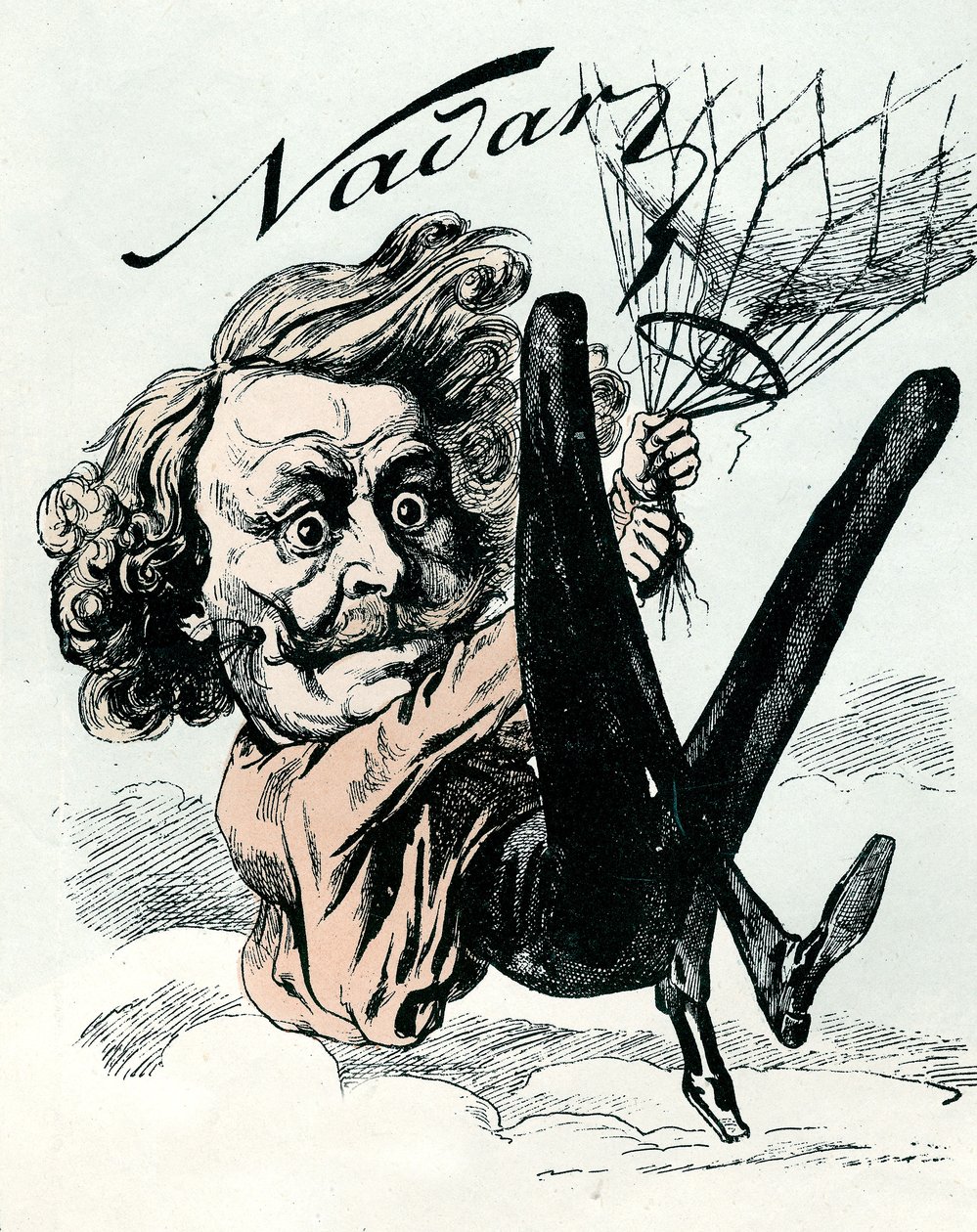 费利克斯-纳达尔的漫画，他是1858年航空摄影的先驱，在这里挂在他的气球上（雕刻）。 作者 安德鲁·吉尔