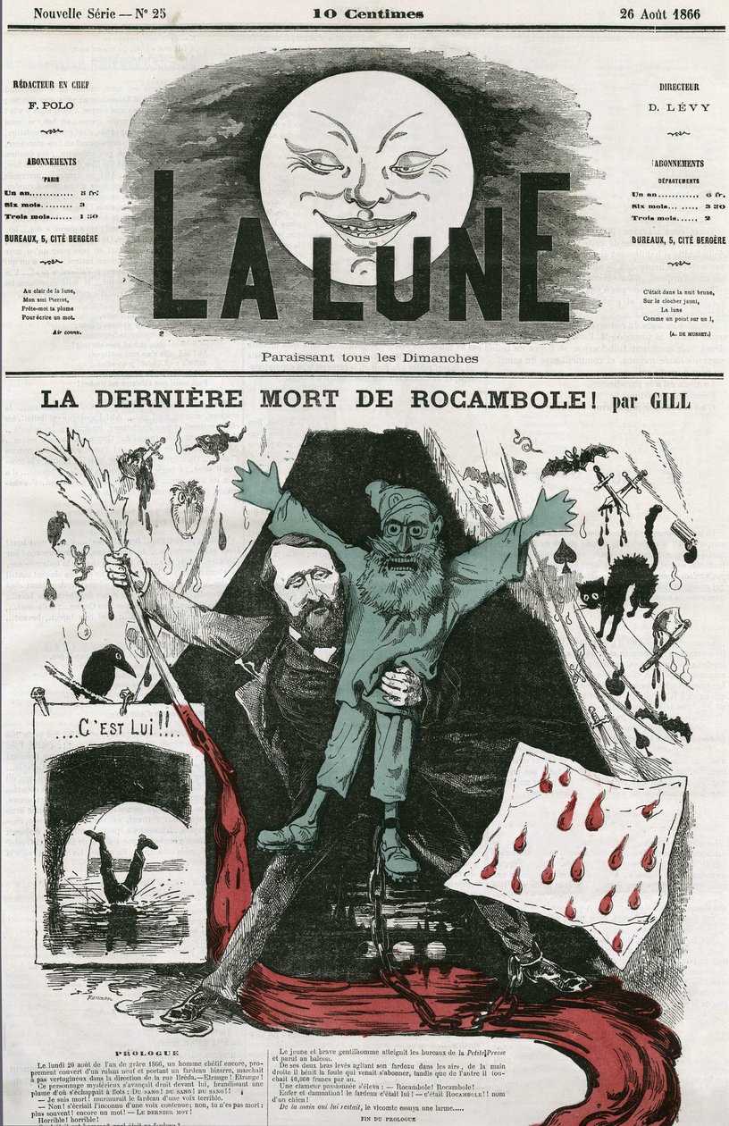 “La last mort de Rocamole”的卡通片及其作者 Pierre Alexis Ponson du Terrail（1829-1871 年）。 吉尔卡通，在“月亮”中，8 月 26 日 作者 安德鲁·吉尔