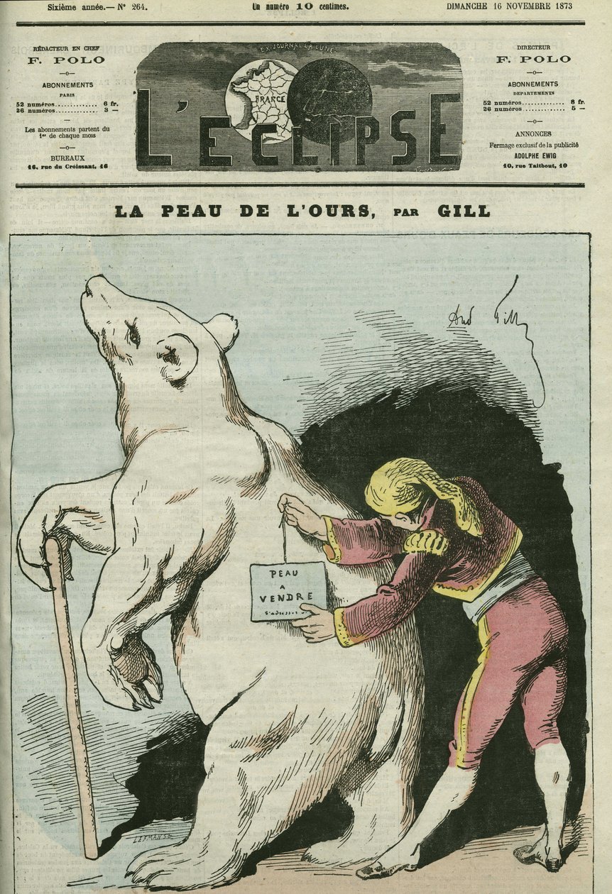 Cartoon of “The skin of the bear, skin for sale”, with reference to politicians considered to be sellers. Cover in “” L