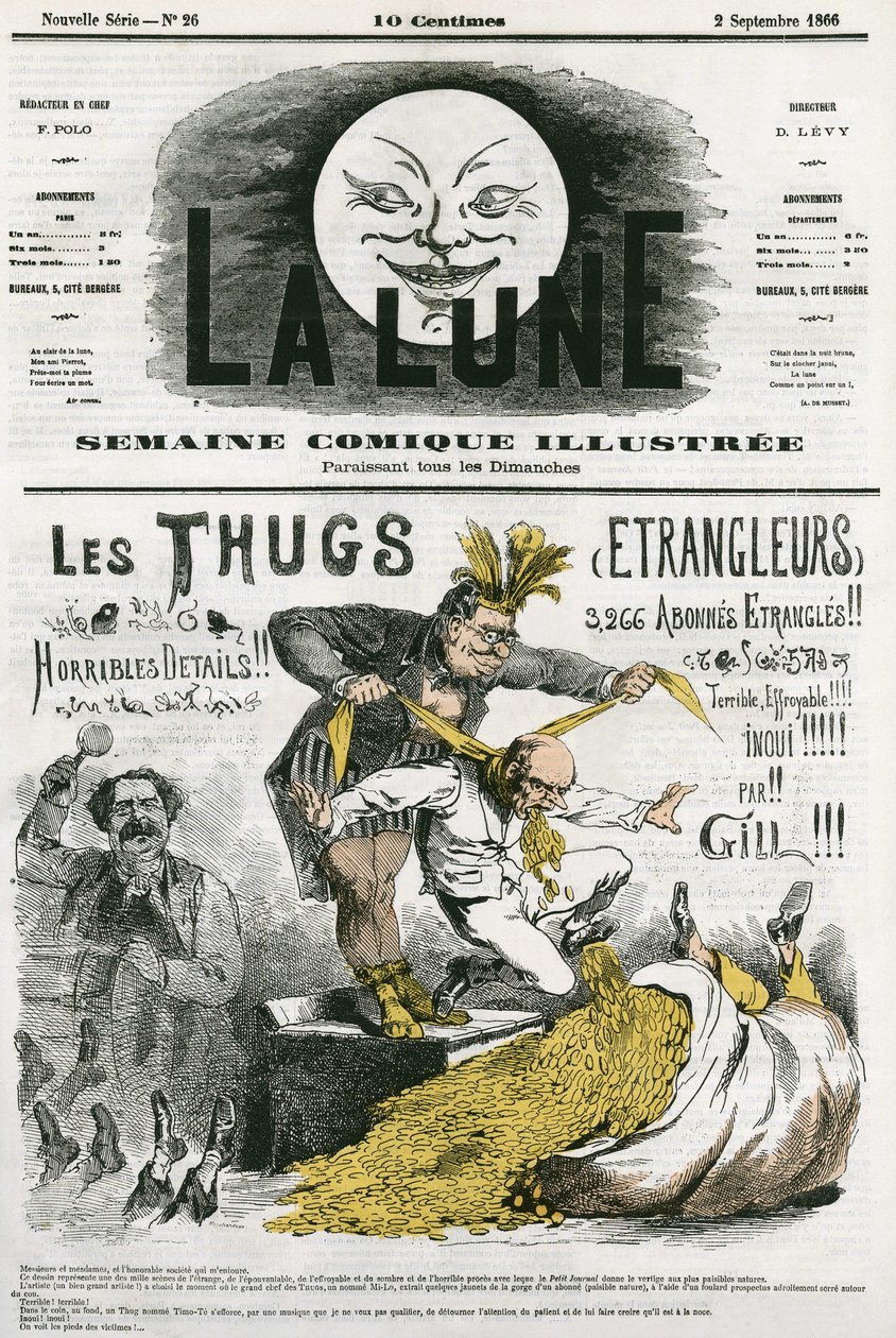 Cartoon of the “Thugs”, a cult of strangers, worshippers of Kali exterminated by British settlers. Cartoon by Gill, in “The Moon”, September 2 作者 安德鲁·吉尔