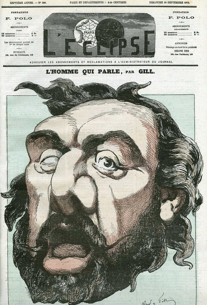 法国政治家莱昂-甘贝塔（1838-1882）的 "说话的人 "漫画。9月20日，吉尔在《日食》杂志上的封面 作者 安德鲁·吉尔