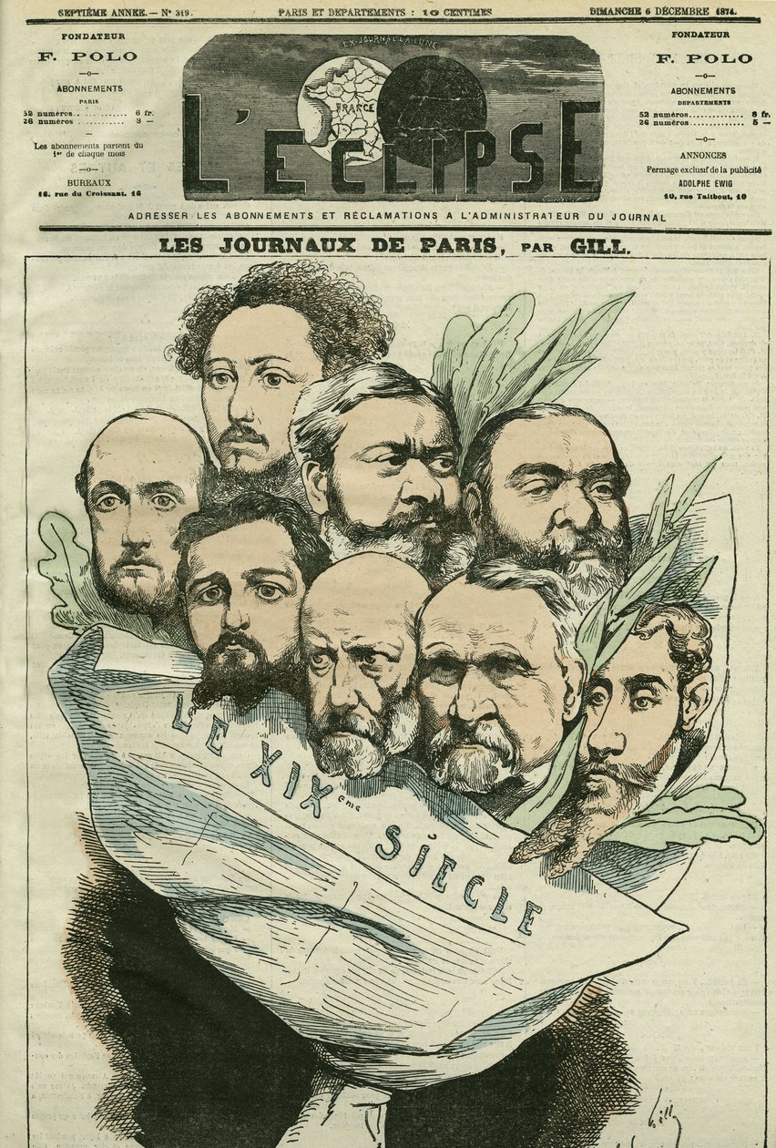 Cartoon of the team of the newspaper “” Le XIXe siècle””, directed by Edmont About (1828-?) , a French man of letters. Cover in “” L