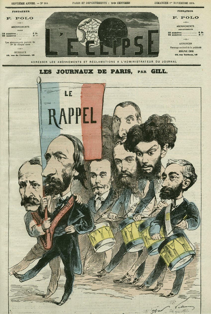 巴黎报纸对共和国的卡通“召回”，与 Paul Meurice（1818-1905）、Auguste Vacquerie（1819-1895）、Gaulier、Blum、Lefevre、D
