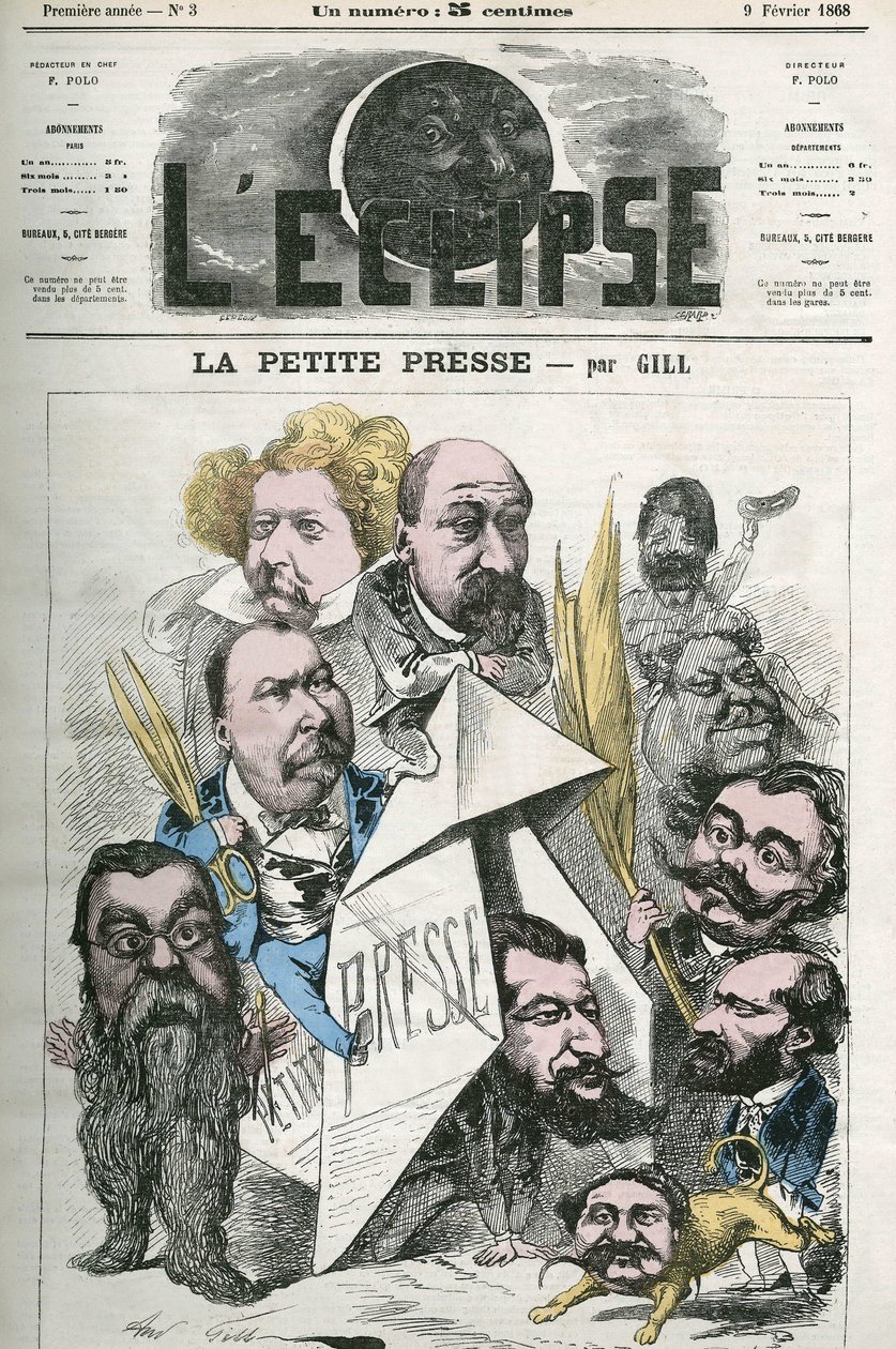与 Jannin、Delsaux、Hermant、Hemery、De Balathier、Bragelonne、Dumas、Ponson du Terrail、Jean du Boys、Revillon 和 Coste 共同创作“La Petite Presse”。 Gill 的“L