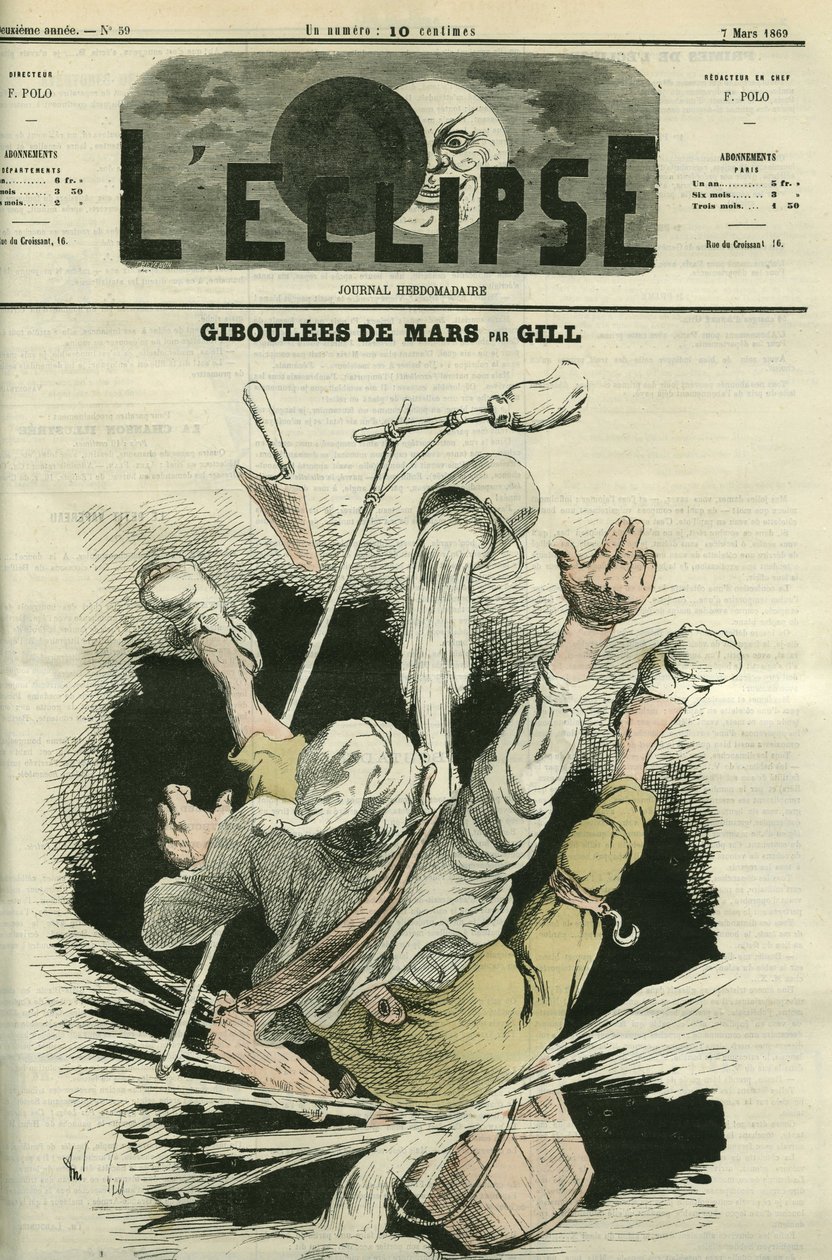 Giboulees de mars, illustration of a man falling into a bucket. Cover in “” L