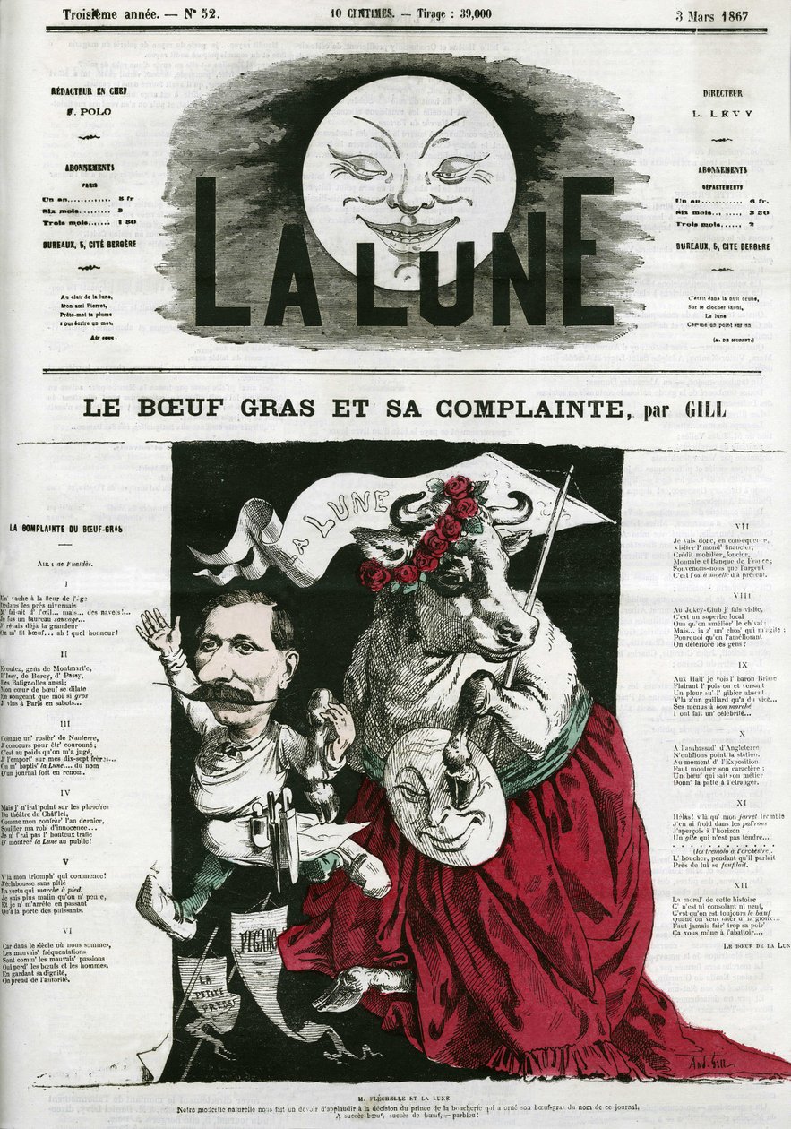 Le Beeuf gras et sa lamentte，一首歌的插图。吉尔的漫画，载于《La Lune》，3月3日 作者 安德鲁·吉尔