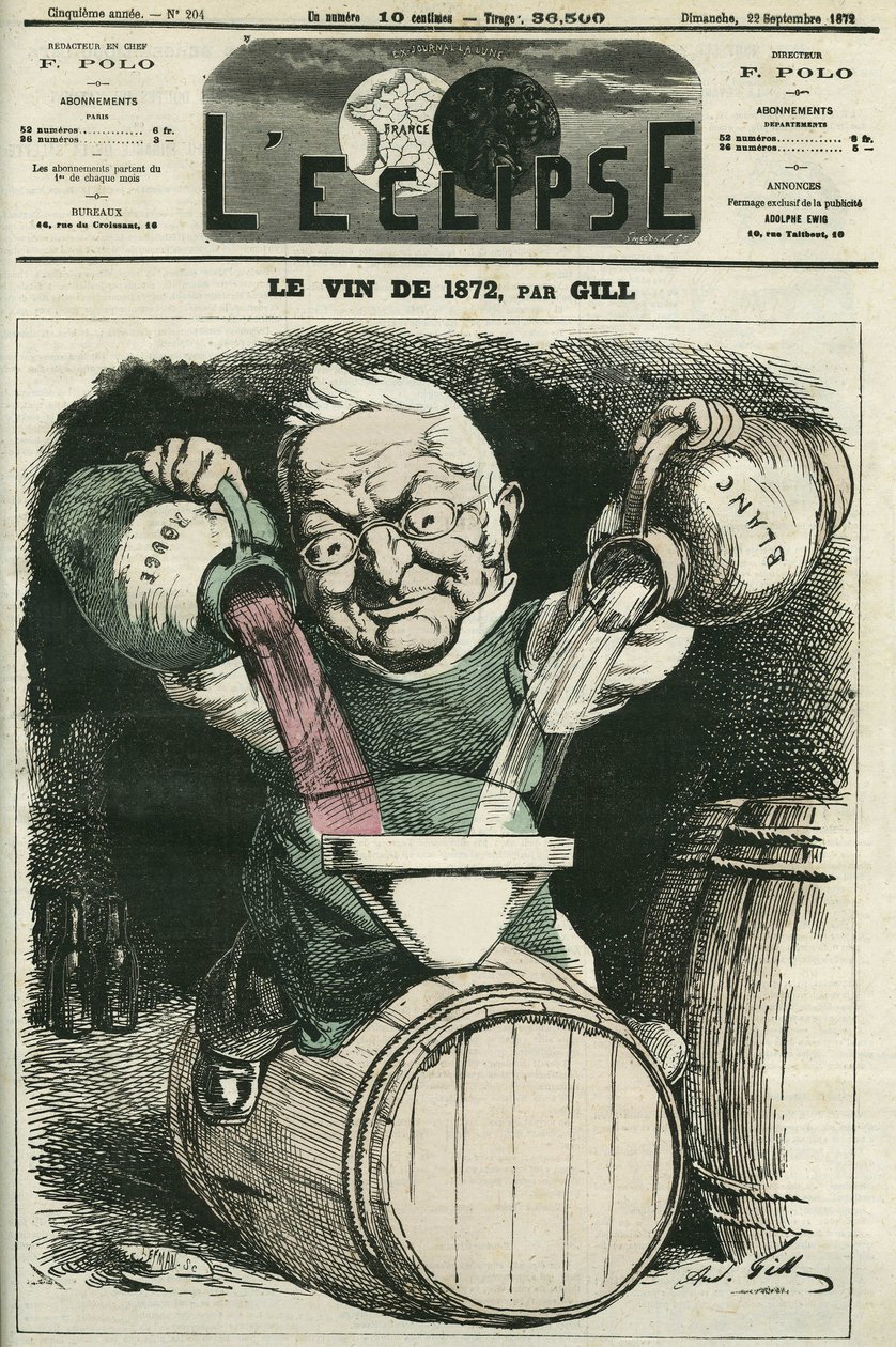 Le vin de 1872, illustration by Adolphe Thiers mixing white and red wine (1797-1877), French historian and statesman. Cover in “” L