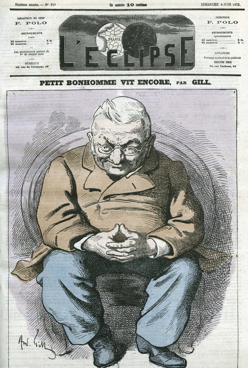 小人还活着，法国政治家阿道夫·梯也尔（Adolphe Thiers，1797-1877 年）的漫画。 Gill 的“L