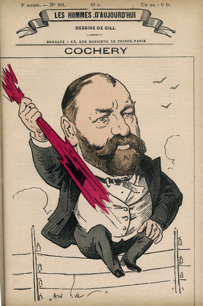 Portrait of Adolphe Cochery (1819-1900), a French lawyer and politician, he was the founder of the Ecole Superieure de Telegraphie (the current Ecole Nationale Superieure des Telecommunications). Cartoon by Gill, Paris. 作者 安德鲁·吉尔