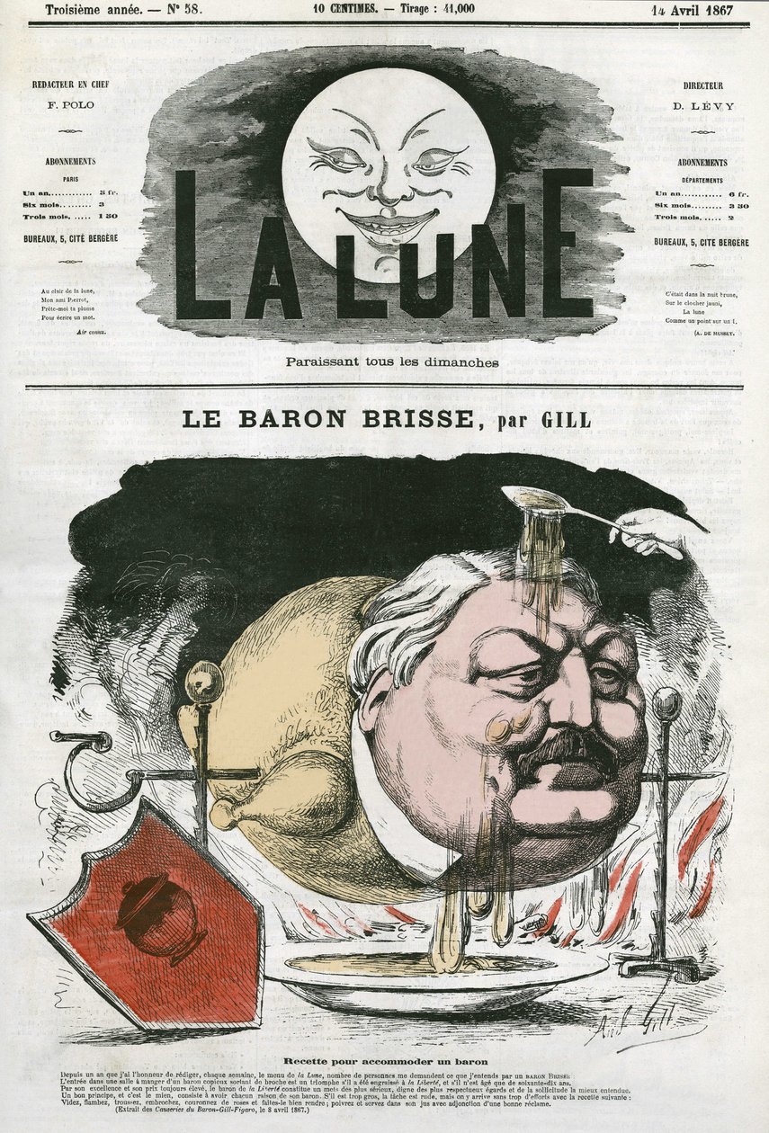 布里斯男爵（1813-1876）的画像，法国美食记者。吉尔的漫画，载于《月亮》，4月14日 作者 安德鲁·吉尔
