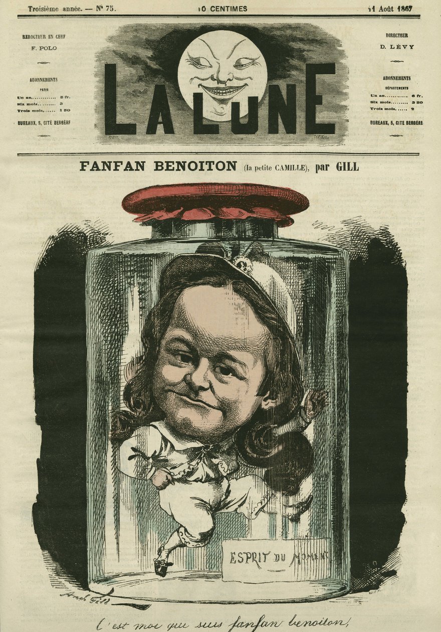 Portrait of Camille Schelter, actress in the role of Fanfan Benoiton. Cartoon by Gill, in “The Moon”, August 11 作者 安德鲁·吉尔