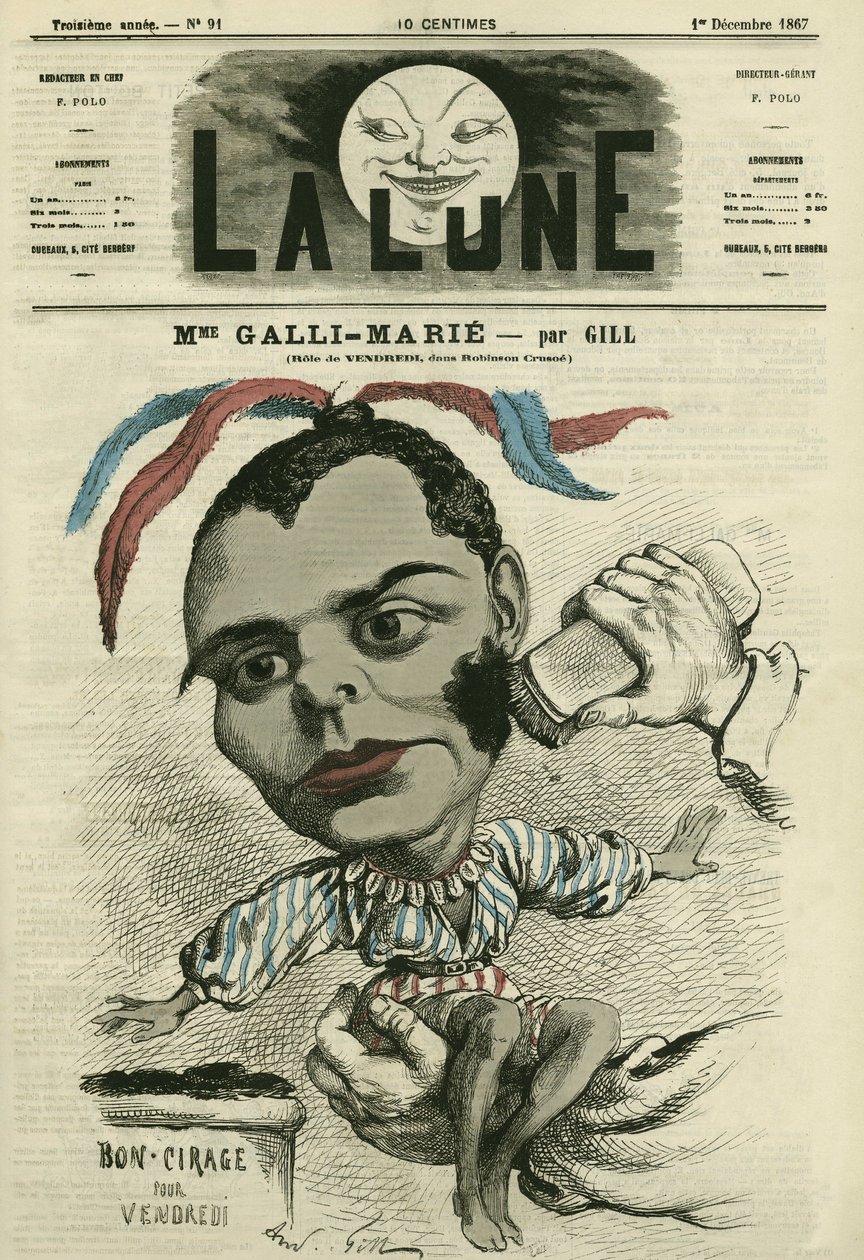 塞莱斯廷-加利-玛丽（Galli Marie）（1840-1905）的肖像，法国科米克歌剧院的歌手。吉尔的漫画，载于《La Lune》，12月1日 作者 安德鲁·吉尔
