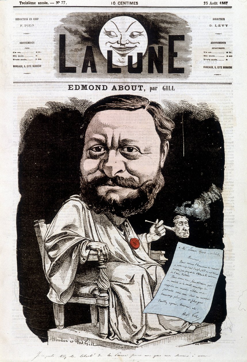 Edmond About 的肖像，法国作家（1828-1885）。 在 La lune，25/08/1867。 吉尔的漫画。 作者 安德鲁·吉尔