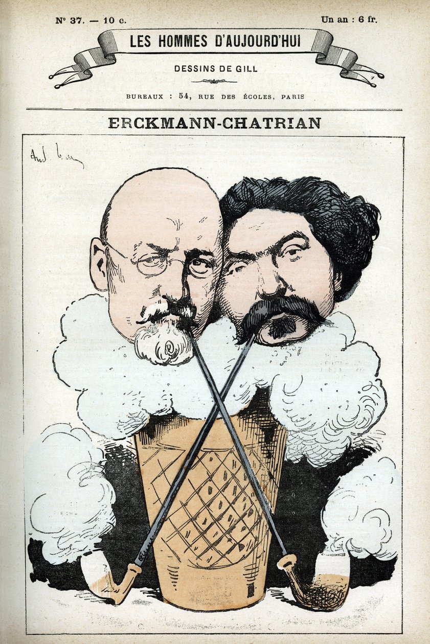 法国小说家Emile Erckmann (1822-1899)和Alexandre Chatrian (1826-1890)的画像。吉尔的漫画，载于《今日之人》，巴黎 作者 安德鲁·吉尔