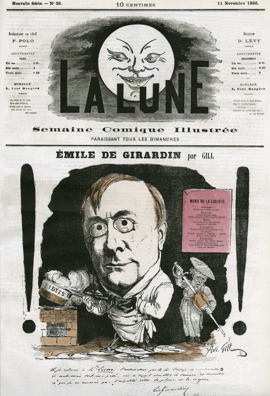 埃米尔·德·吉拉尔丹（Emile de Girardin，1806-1881 年）的肖像，法国记者。 吉尔卡通，在“月亮”中，11 月 11 日 作者 安德鲁·吉尔