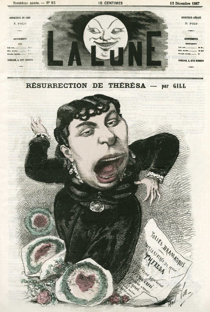 Emma Valladon dit Theresa (1837-1913) 的肖像，法国轻歌剧歌手。 吉尔的卡通，在“La Lune”中，12 月 15 日 作者 安德鲁·吉尔