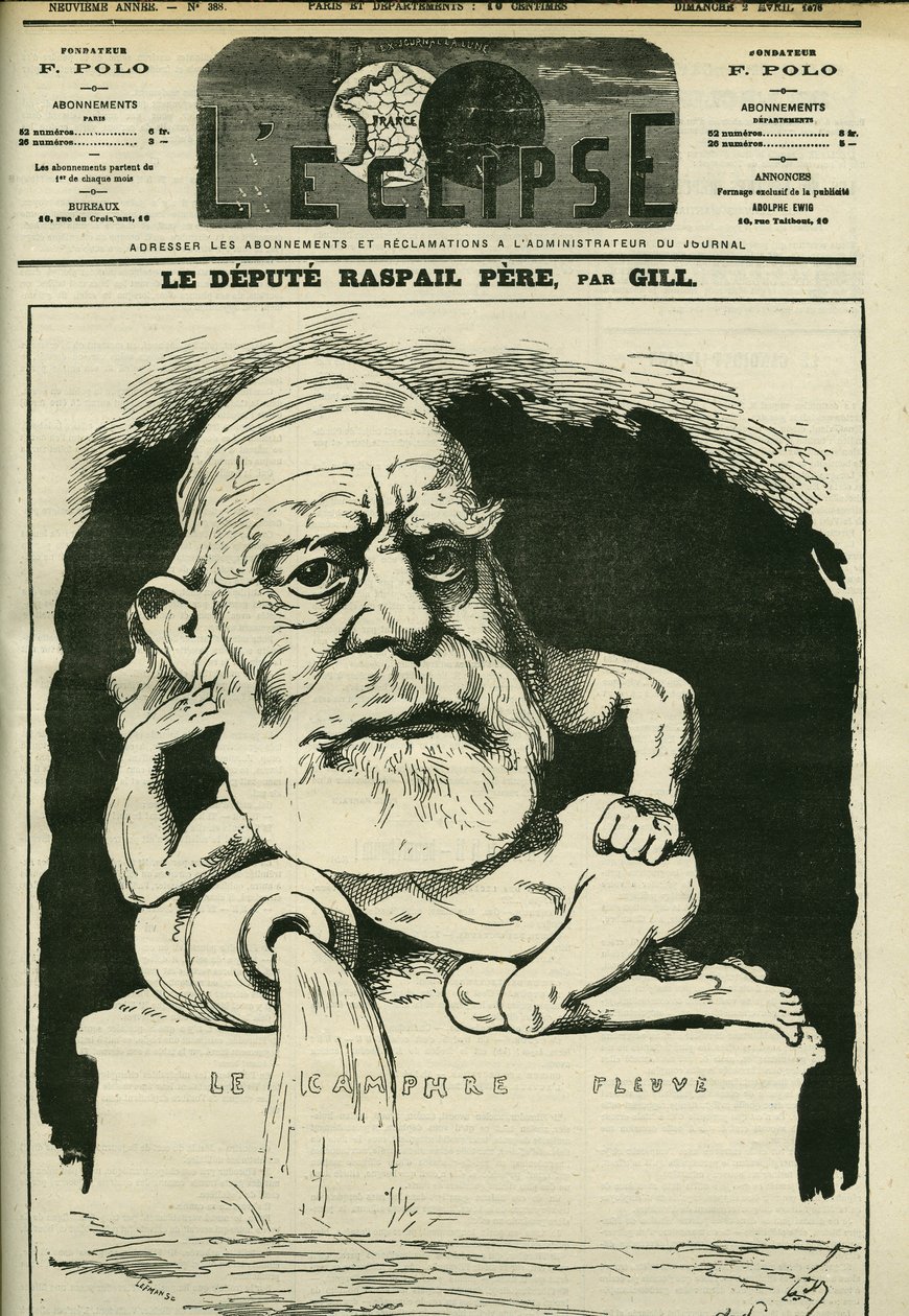 法国化学家、医生和政治家Francois-Vincent Raspail（1794-1878）的画像。4月2日，吉尔的《日食》杂志封面 作者 安德鲁·吉尔