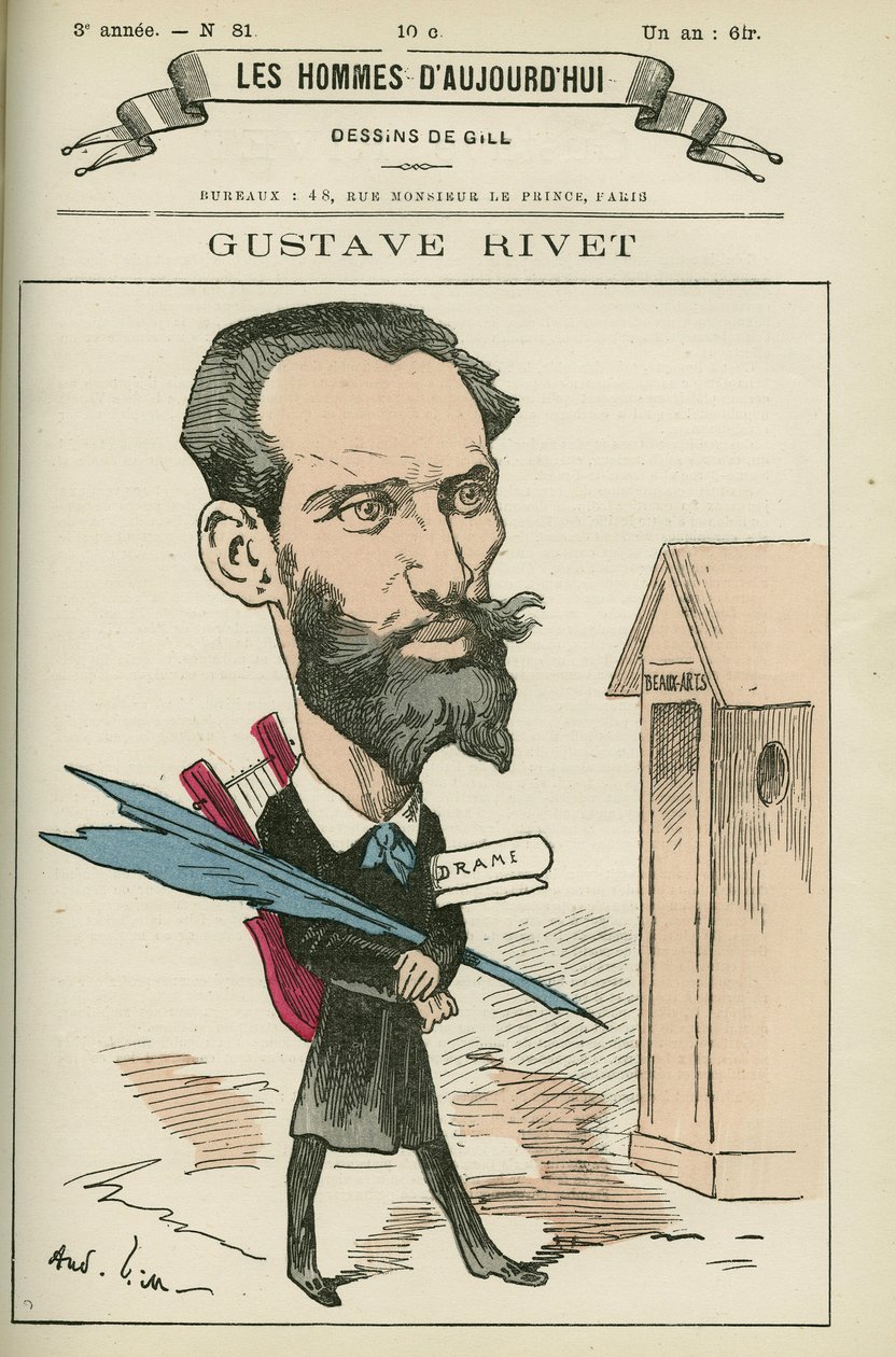 古斯塔夫·里维 (Gustave Rivet) (1848-1936) 的肖像，法国陆军准将和政治家，1903 年至 1924 年期间担任伊泽尔参议员。 Gill 的卡通画，巴黎。 作者 安德鲁·吉尔