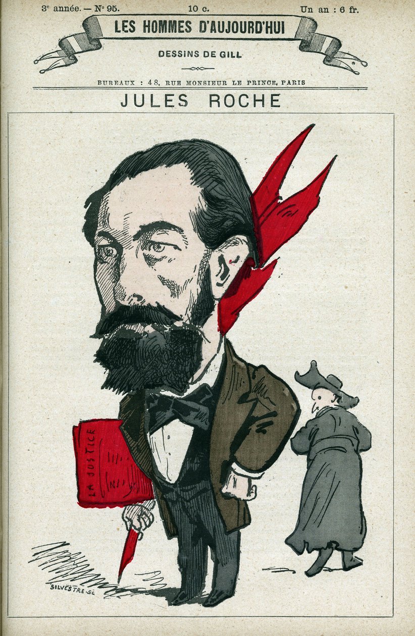 Jules Roche (1841-1923) 的肖像，法国政治家，他在 1890 年至 1892 年期间担任贸易和工业部副部长。卡通，Gill，巴黎。 作者 安德鲁·吉尔