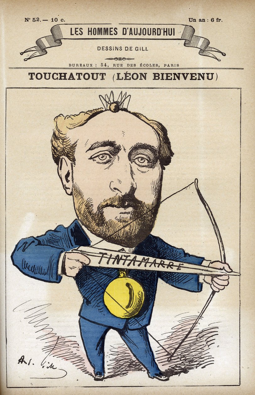 莱昂-比恩维努（Leon Bienvenu dit Touchatout）（1835-1911年）的肖像，法国记者和《法国丁塔马雷克历史》的作者。漫画作者吉尔，巴黎。 作者 安德鲁·吉尔