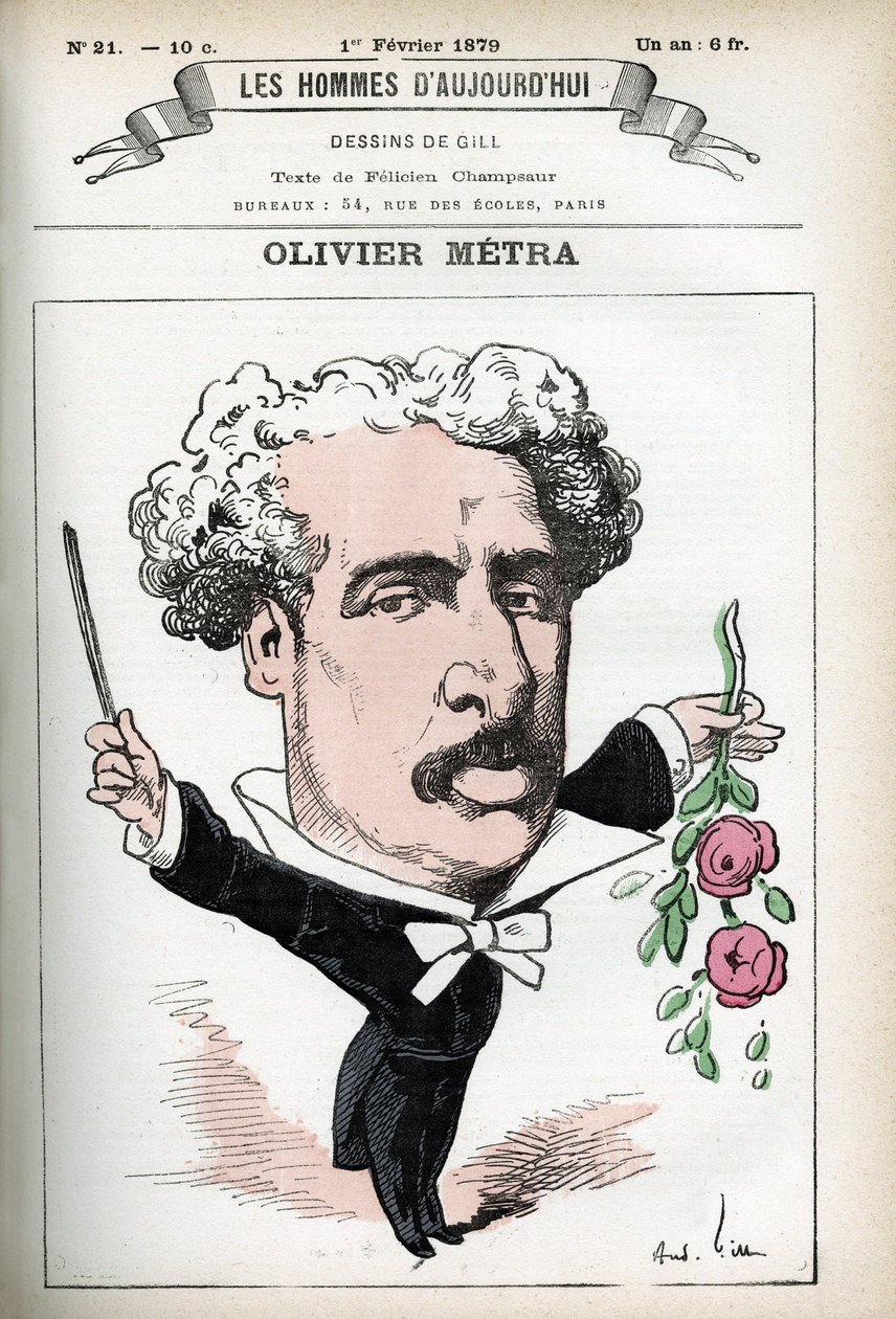 Portrait of Olivier Metra (1830-1889), French actor, popular composer. Cartoon by Gill, in “Les Homme d