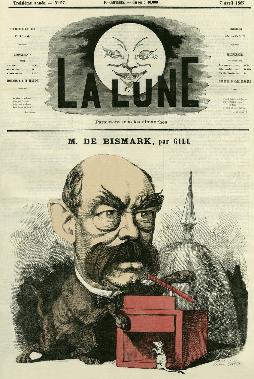 德国总理奥托-冯-俾斯麦（1815-1898）的画像。吉尔的漫画，载于《月亮》，4月7日 作者 安德鲁·吉尔