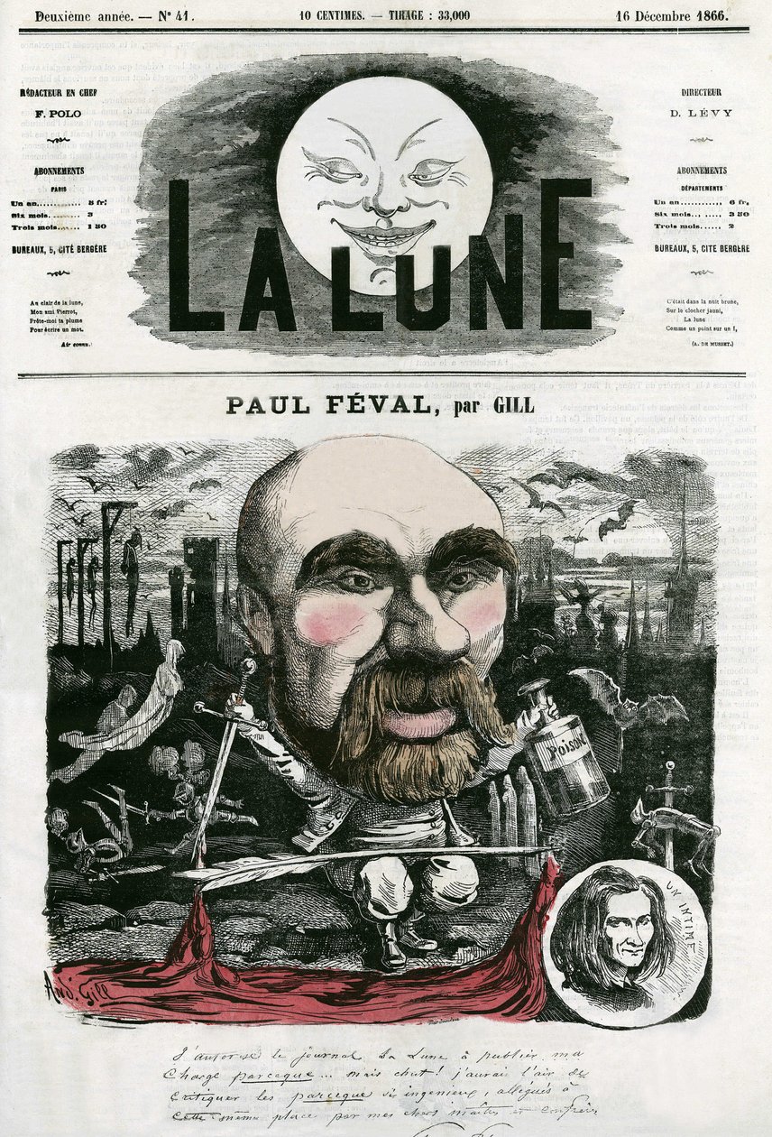 法国作家保罗-费瓦尔（1816-1887）的画像。吉尔的漫画，载于《La Lune》，12月16日 作者 安德鲁·吉尔